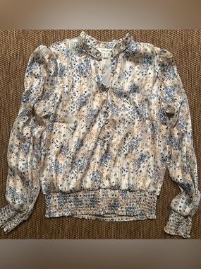 Cream Blouse with Blue and Tan Floral Detail